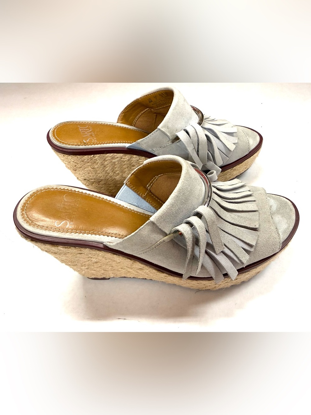Franco Sarto Light Gray Suede Fringe Espadrille Wedge Mules size 8